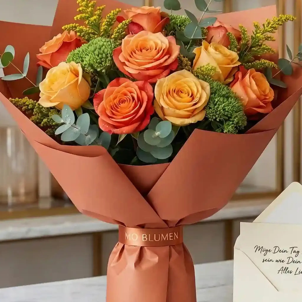 Sonnenschein Rosenstrauß Nahaufnahme - Orangefarbene Rosen Detail - MO BLUMEN Wien