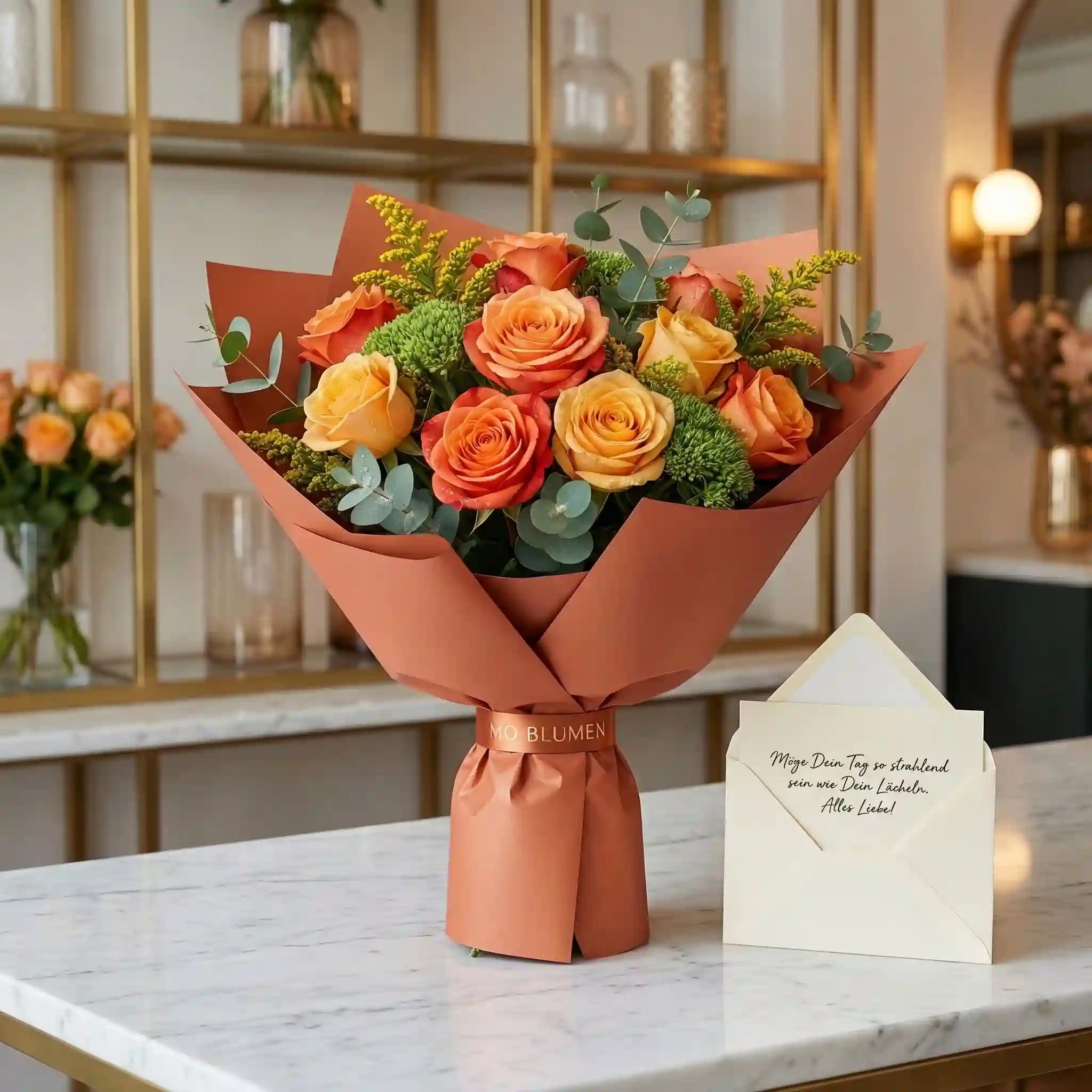 Sonnenschein Rosenstrauß - Orangefarbene Rosen mit Eukalyptus zum Weltfrauentag - MO BLUMEN Wien