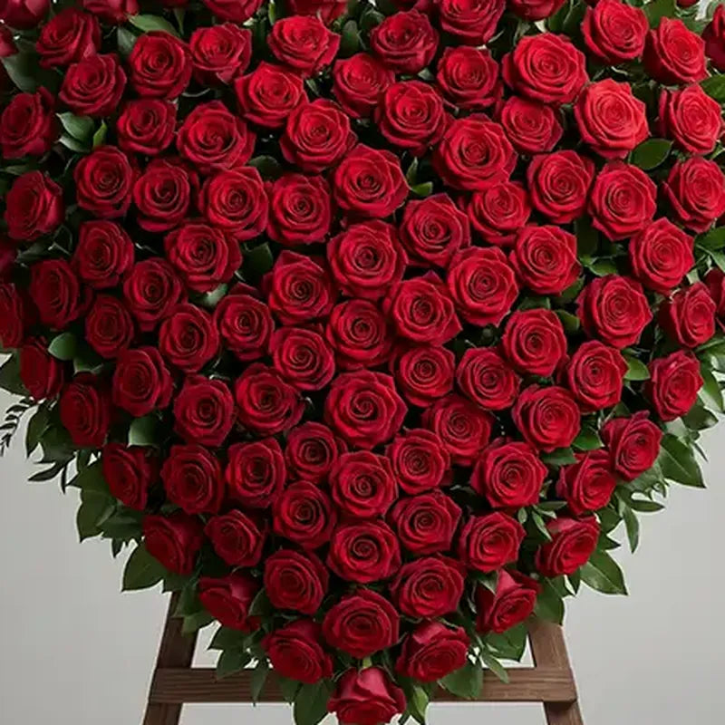 Nahaufnahme: Trauerherz Rote Rosen Luxus Stehend – Trauerfloristik MO BLUMEN Wien