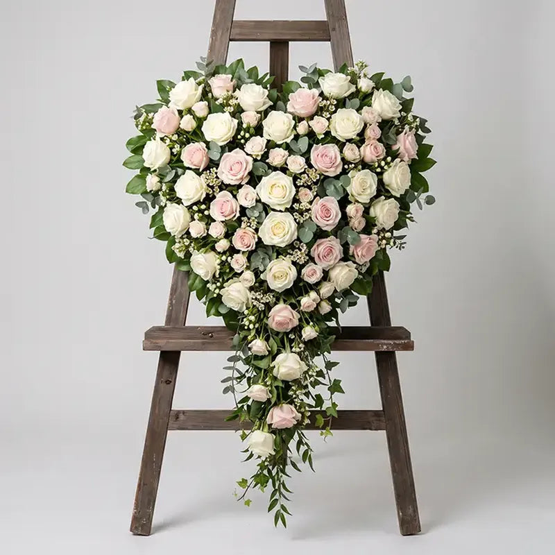Trauerherz Weiß mit Rosa Rosen Kaskade – Trauerfloristik MO BLUMEN Wien