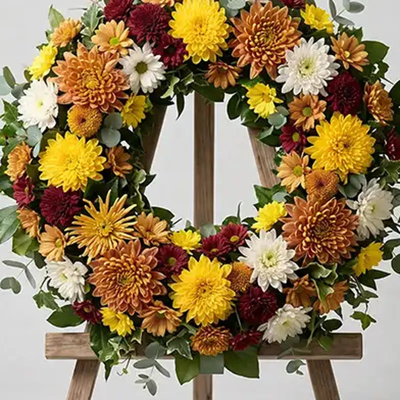 Nahaufnahme: Trauerkranz Chrysanthemen Bunt – Trauerfloristik MO BLUMEN Wien