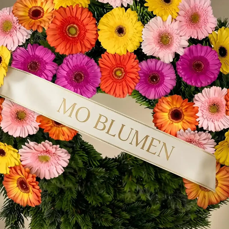 Trauerkranz aus bunten Gerbera-Blumen von MO BLUMEN mit grünen Tannenzweigen und weißem Band mit goldenem Schriftzug.