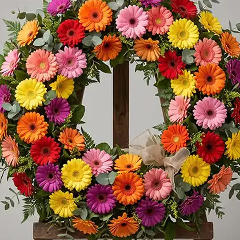 Nahaufnahme: Trauerkranz Gerbera Regenbogen – Trauerfloristik MO BLUMEN Wien