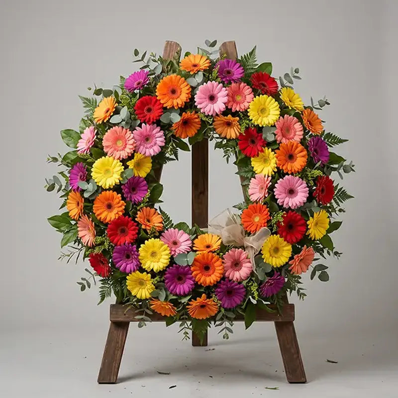Trauerkranz Gerbera Regenbogen – Trauerfloristik MO BLUMEN Wien