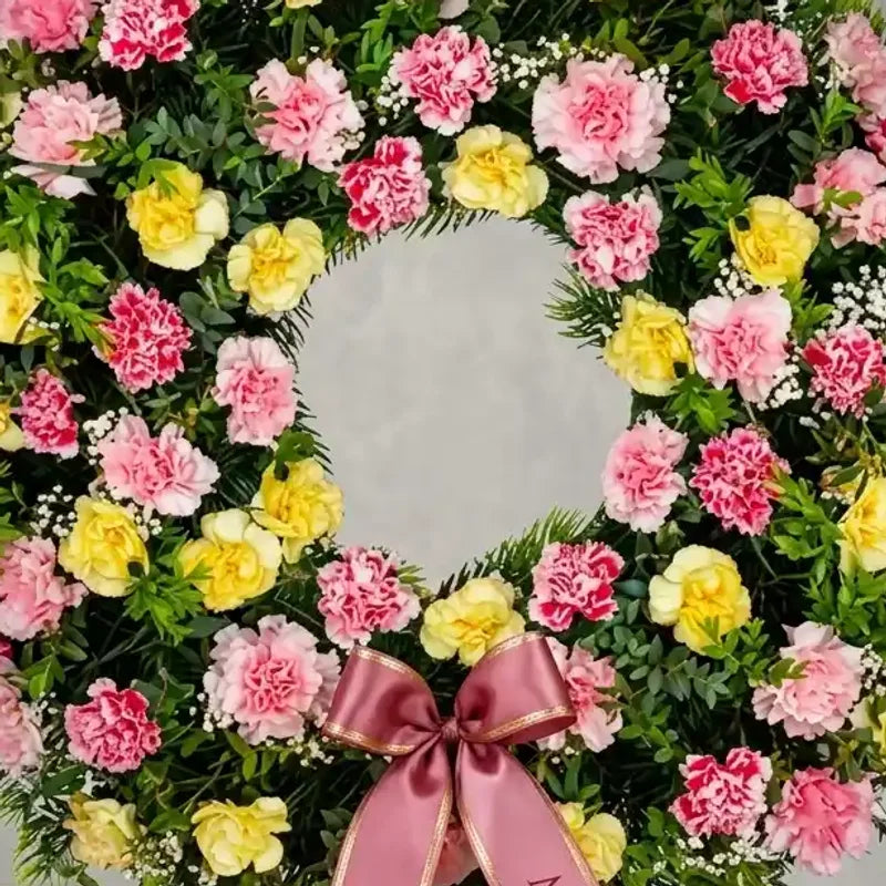 Vollständiger Trauerkranz aus Nelken in Rosa, Gelb und Rot von MO BLUMEN, mit grünem Laub, kleinen weißen Blüten und einer rosa Schleife mit goldener Borte.