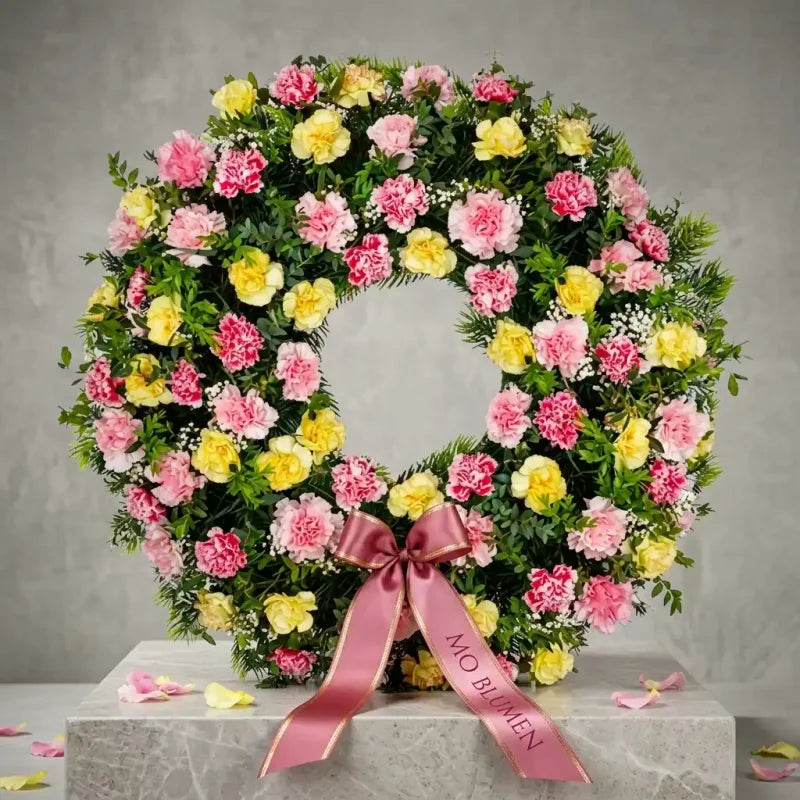 Vollständiger Trauerkranz aus rosa und gelben Nelken von MO BLUMEN mit pinkem Schleifenband und MO BLUMEN Schriftzug.