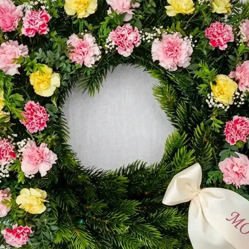 Trauerkranz aus Tannengrün von MO BLUMEN, geschmückt mit rosa, gelben und rot-rosa Nelken, Schleierkraut und cremefarbener Schleife mit 'MO'-Schriftzug.