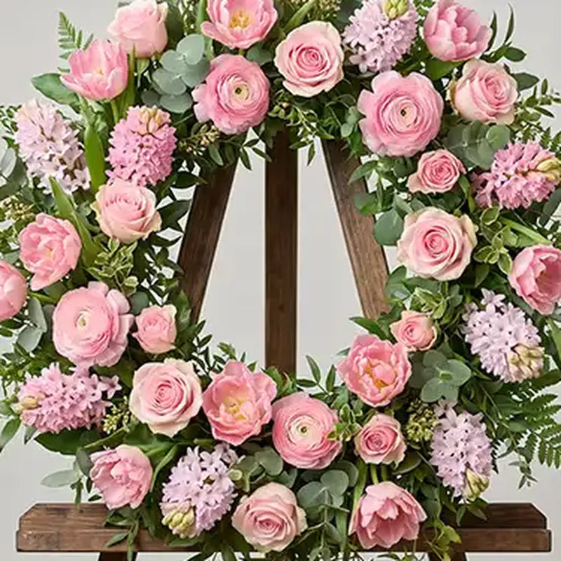 Nahaufnahme: Trauerkranz Rosa Frühling – Trauerfloristik MO BLUMEN Wien