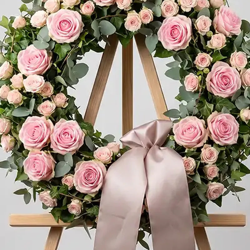Nahaufnahme: Trauerkranz Rosa Rosen mit Schleife – Trauerfloristik MO BLUMEN Wien
