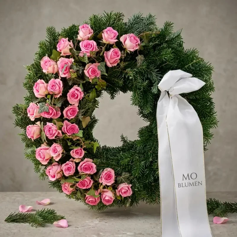 Trauerkranz mit rosa Rosen und weißer Schleife von MO BLUMEN auf grünem Tannengrün mit einigen verstreuten Blütenblättern.