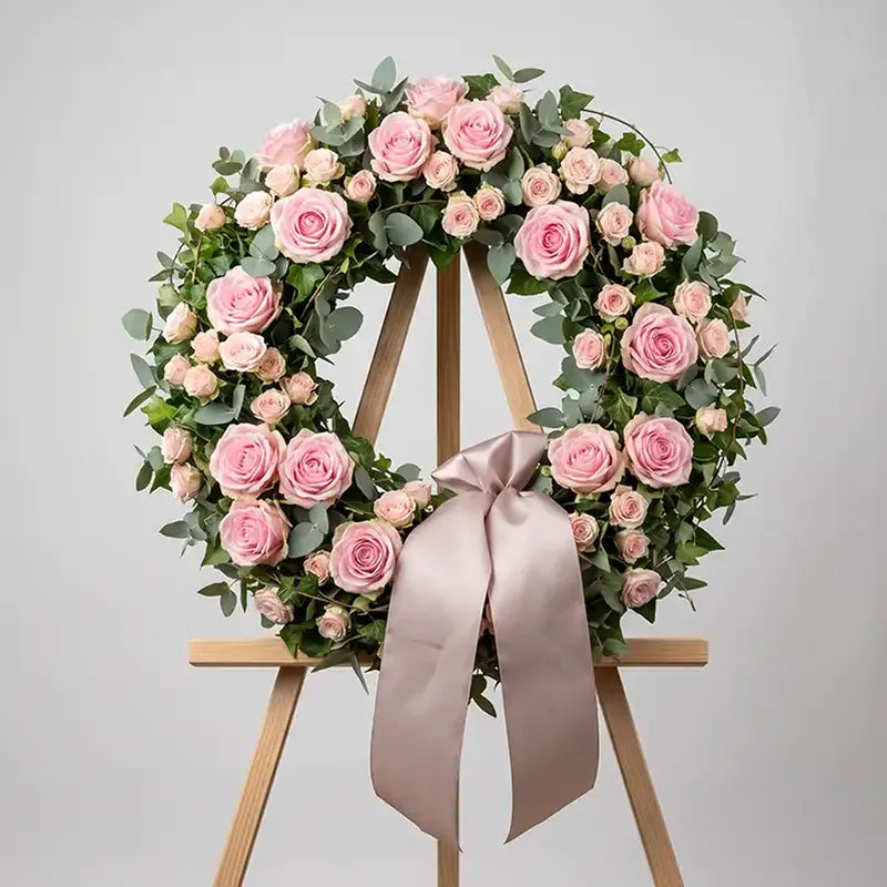 Trauerkranz Rosa Rosen mit Schleife – Trauerfloristik MO BLUMEN Wien