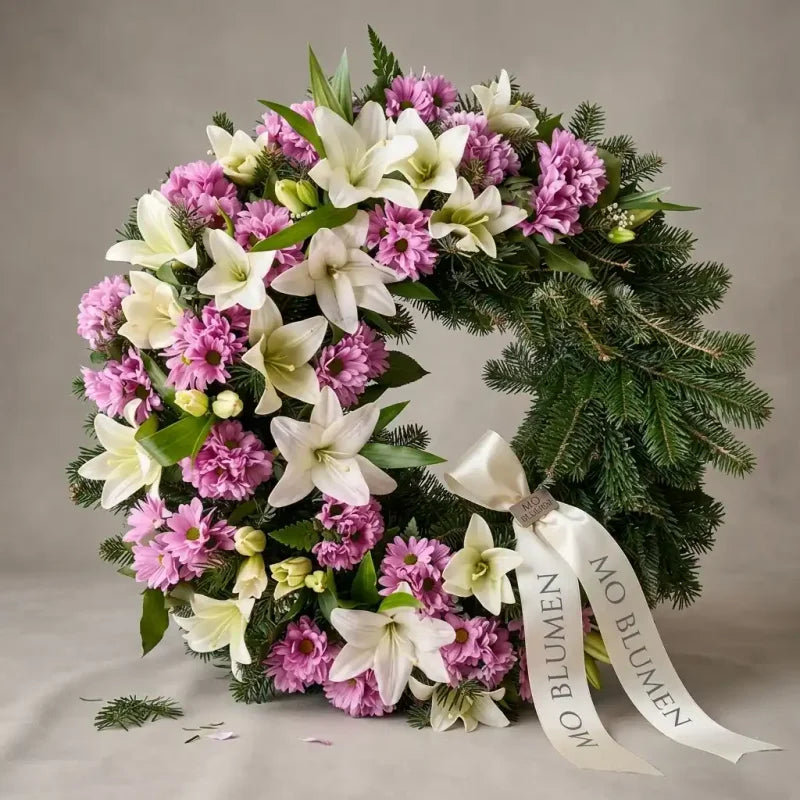 Rosa-weißer Trauerkranz von MO BLUMEN mit weißen Lilien, rosa Chrysanthemen und cremefarbener Schleife.