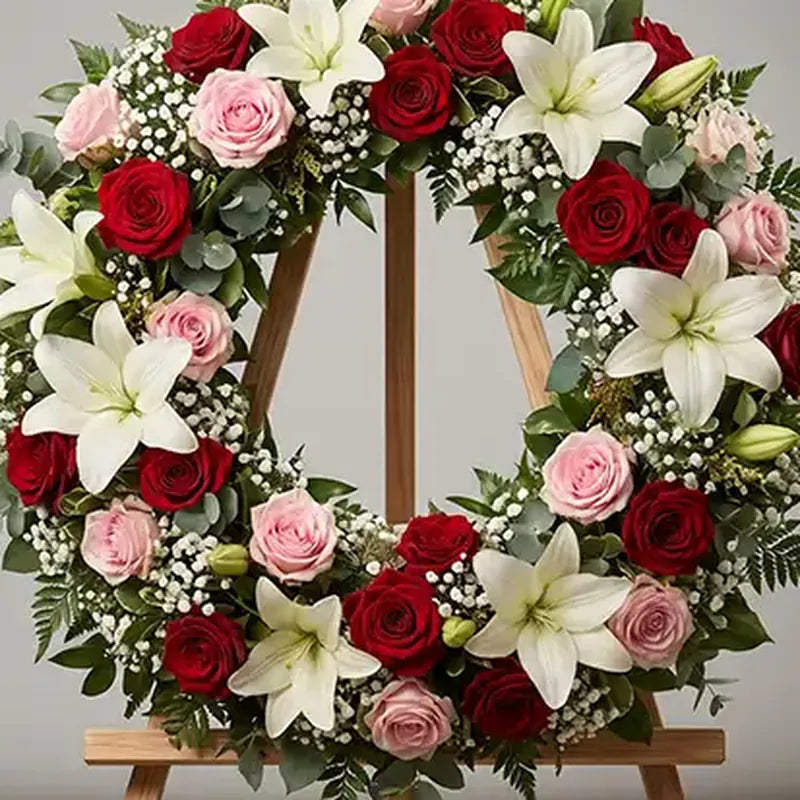 Nahaufnahme: Trauerkranz Rosen Rot-Rosa mit Lilien – Trauerfloristik MO BLUMEN Wien