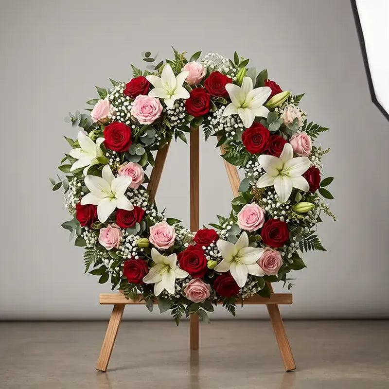Trauerkranz Rosen Rot-Rosa mit Lilien – Trauerfloristik MO BLUMEN Wien