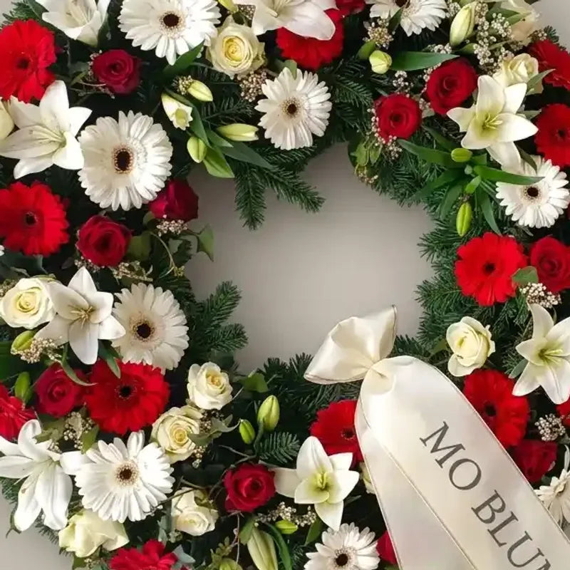 Rot-weißer gemischter Trauerkranz von MO BLUMEN mit roten Rosen, weißen Lilien, Gerbera und einem Schriftband.