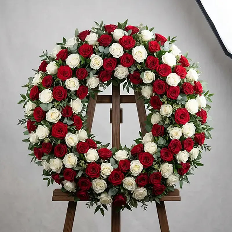 Trauerkranz Rot-Weiße Rosen Luxus – Trauerfloristik MO BLUMEN Wien