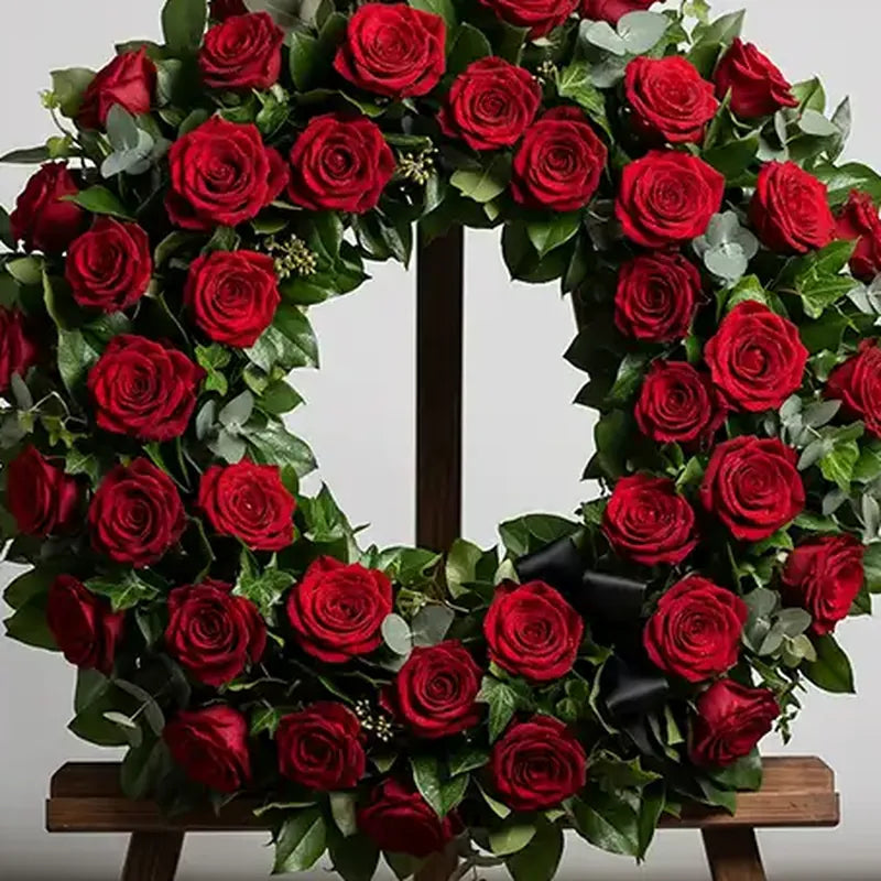 Nahaufnahme: Trauerkranz Rote Rosen Klassik – Trauerfloristik MO BLUMEN Wien