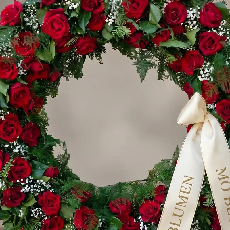 Luxuriöser Trauerkranz mit roten Rosen von MO BLUMEN, geschmückt mit Schleierkraut, Grün und einem cremefarbenen Band.