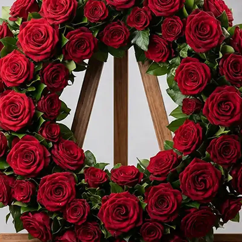 Nahaufnahme: Trauerkranz Rote Rosen Luxus Vollkranz – Trauerfloristik MO BLUMEN Wien