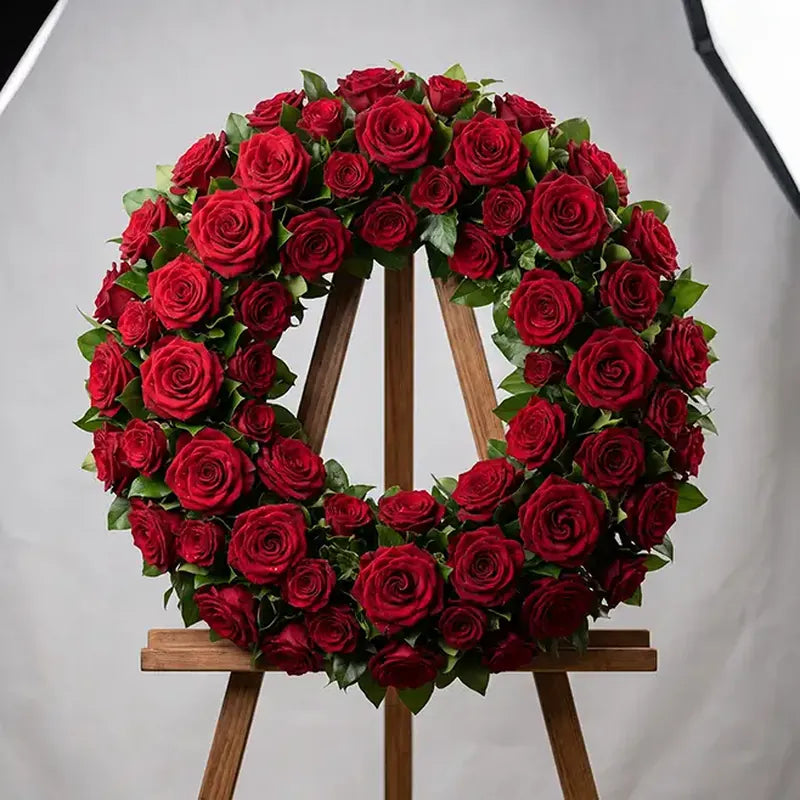 Trauerkranz Rote Rosen Luxus Vollkranz – Trauerfloristik MO BLUMEN Wien