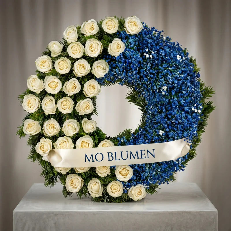 Trauerkranz in Weiß-Blau von MO BLUMEN mit weißen Rosen, blauen Blumen und einem weißen Band mit Aufschrift.