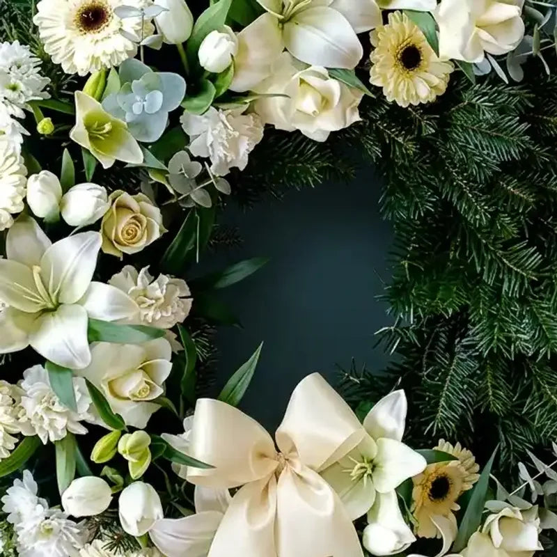 Eleganter weißer und cremefarbener Trauerkranz von MO BLUMEN, mit Lilien, Rosen, Gerbera und einer cremefarbenen Schleife.