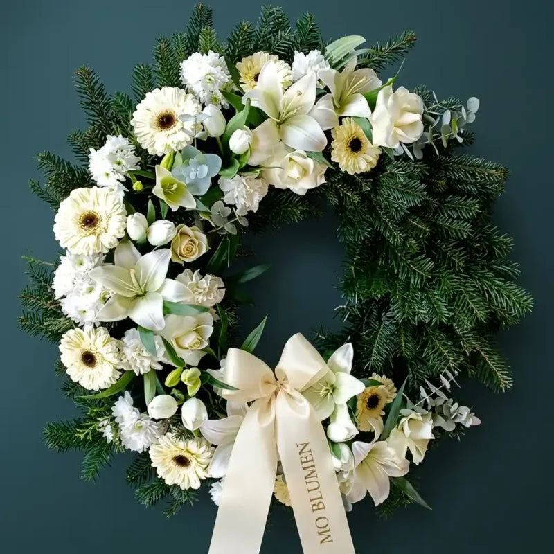 Weißer Trauerkranz von MO BLUMEN aus Tannenzweigen, mit weißen Blumen wie Lilien und Gerbera sowie einer cremefarbenen Schleife.
