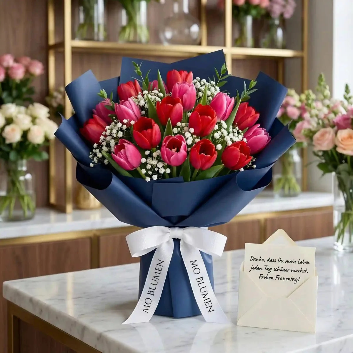 Blumenstrauß aus roten und pinken Tulpen von MO BLUMEN, in dunkelblaues Papier gewickelt, mit weißer Schleife und Grußkarte.
