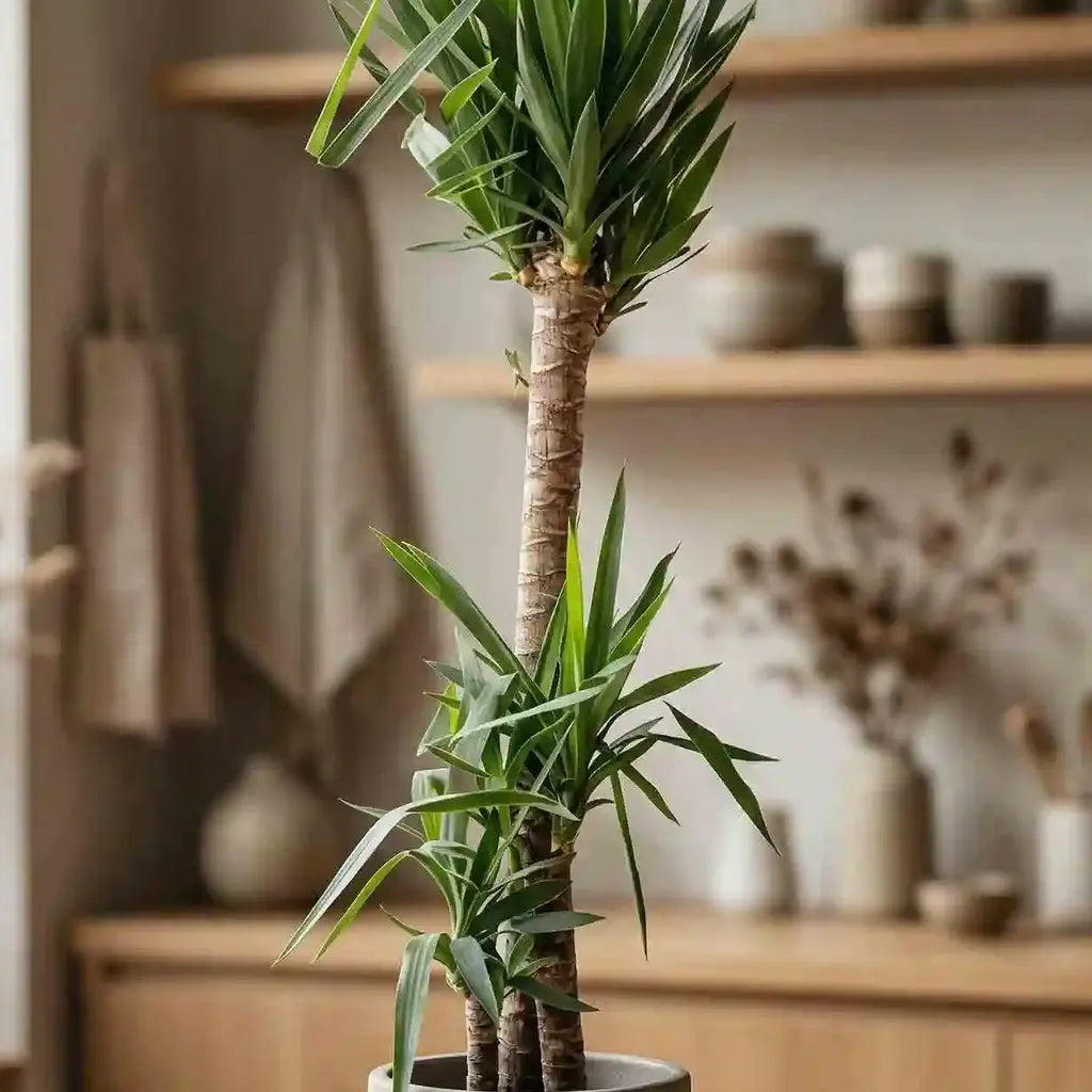 Grüne Yucca-Palme Lily von MO BLUMEN mit mehreren Stämmen im grauen Topf vor Holzregalen.