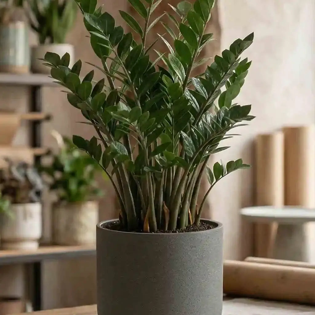 Grüne Zamioculcas-Pflanze von MO BLUMEN in einem grauen Topf, mit weiteren Pflanzen im Hintergrund.