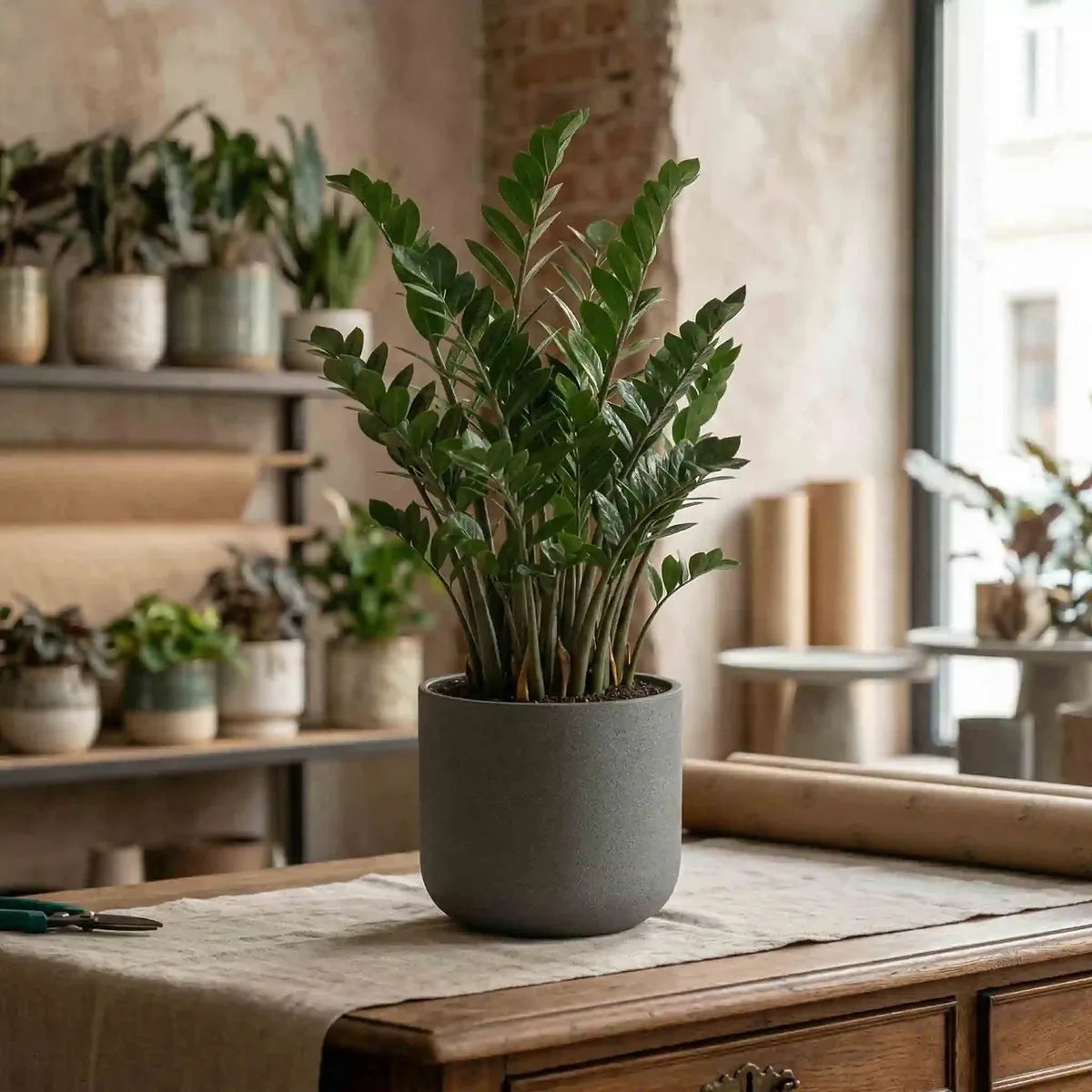 Grüne Zamioculcas von MO BLUMEN in einem grauen Topf auf einem Holztisch, umgeben von weiteren Zimmerpflanzen.